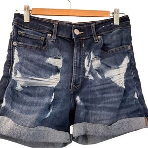 Express High Waisted Double Roll Stretch Denim Shorts in Dark Wash